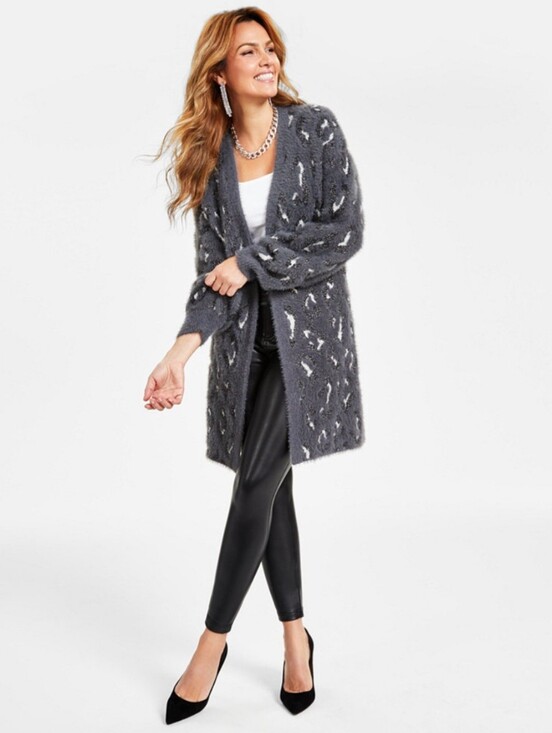 INC International Concepts Sweaters - I.N.C. International Concepts Women's Fuzzy Animal-Print Open-Front Cardigan